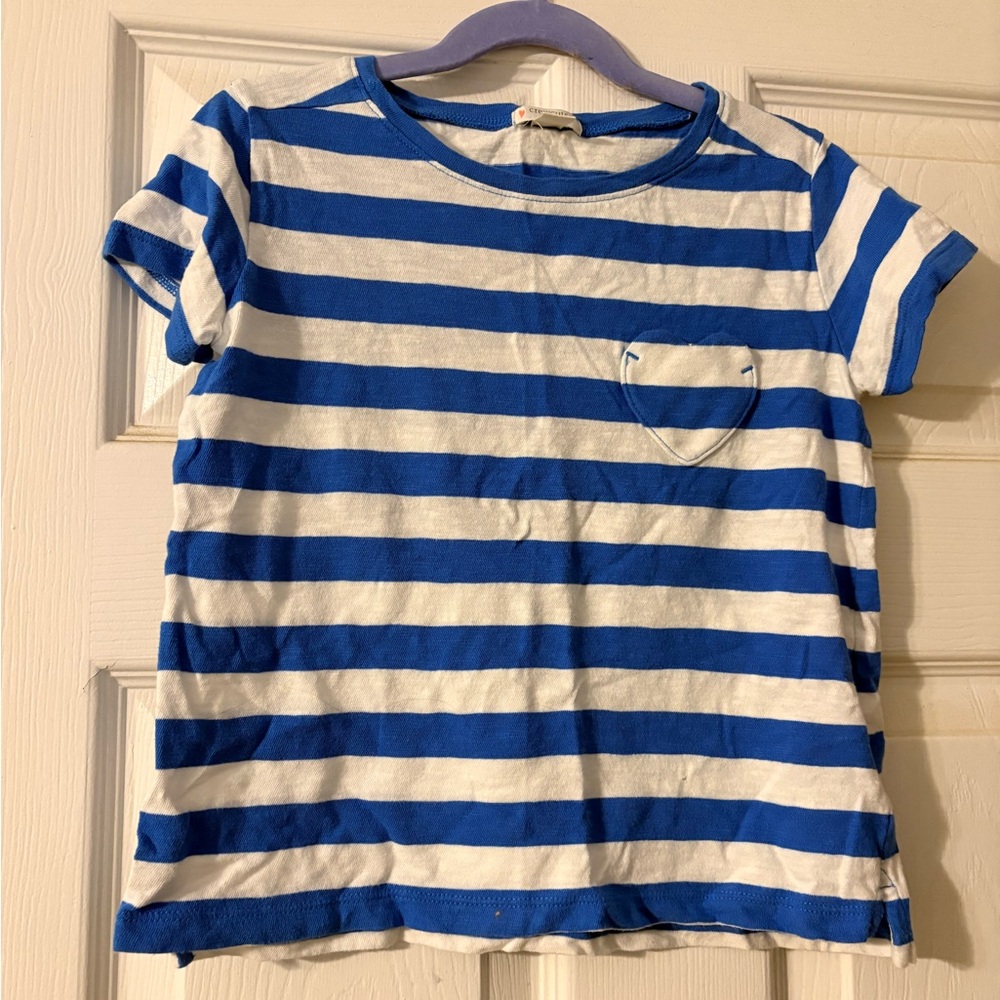 Girls J Crew Crewcuts Blue and White Striped Tee with Heart Pocket Sz 6-7